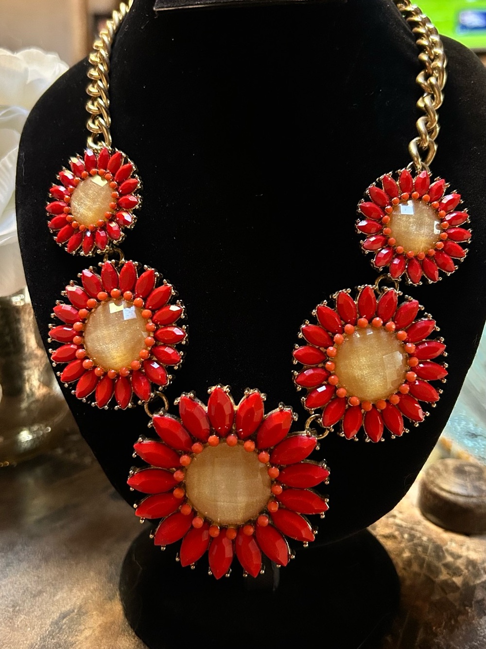 J. Crew Red and Gold Floral Bib Necklace